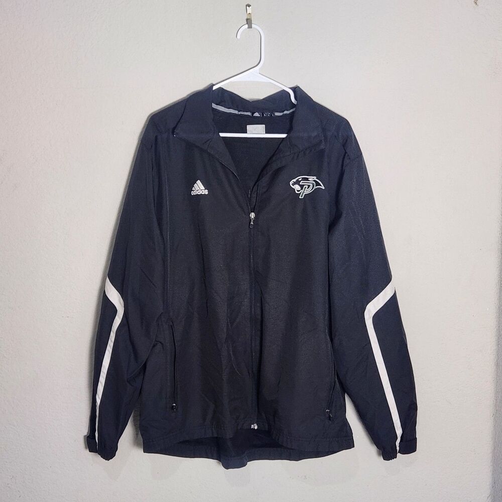 adidas Men’s Large Black White Full Zip Windbreaker Jacket Athletic Zip Pockets